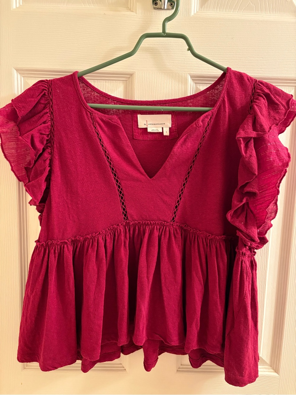 Anthropologie Ruffle Sleeve Top in Burgundy